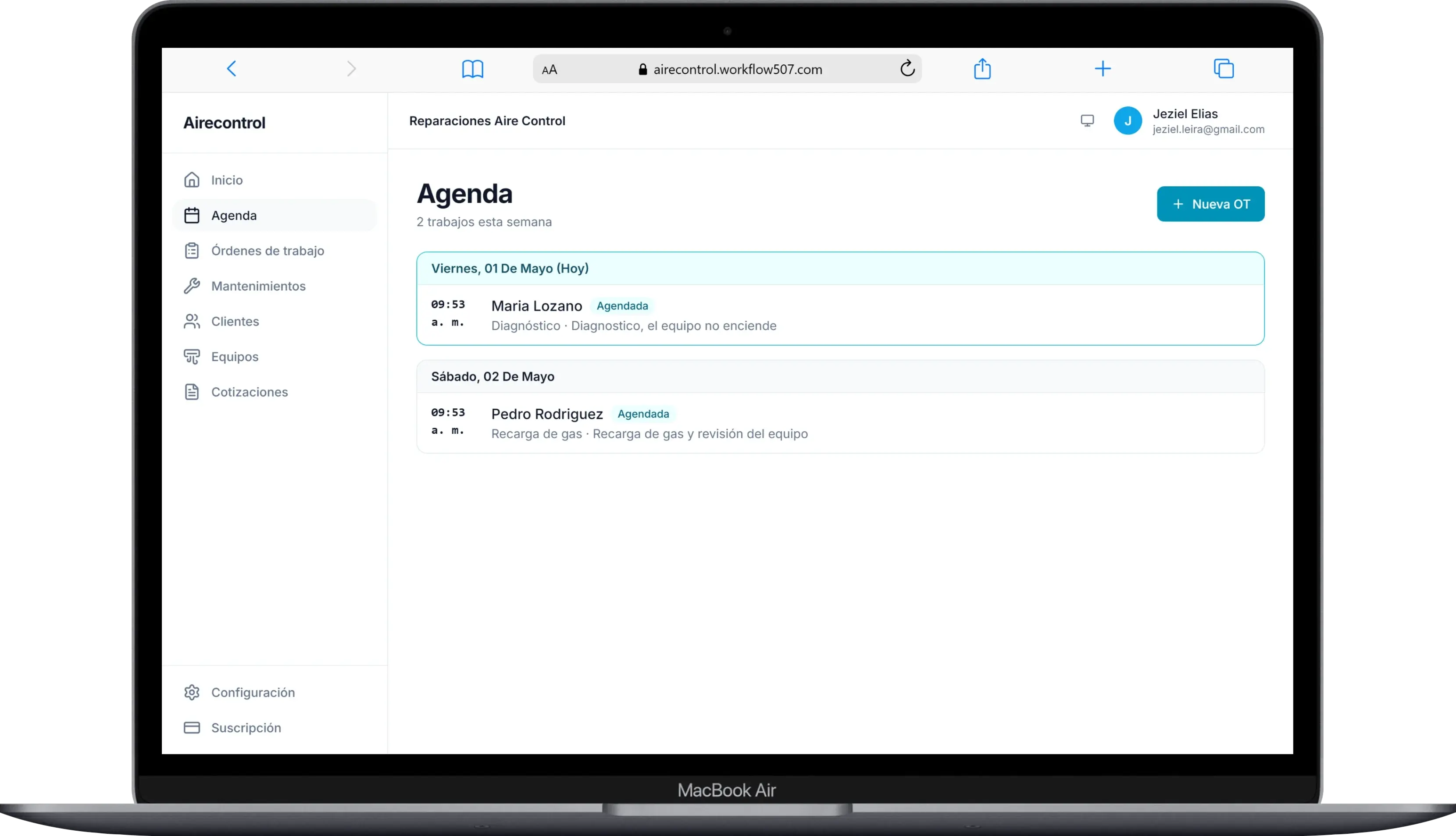Airecontrol en pantalla — vista de agenda y mantenimientos